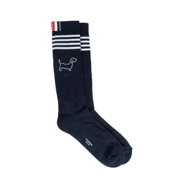 Image 1 of 2 - NAVY - THOM BROWNE Hector Icon Athletic Socks featuring tricolor flag at rib knit cuffs, intarsia stripes and graphic at cuffs and logo printed at sole. 71% cotton, 26% polyamide, 3% elastane. Made in Italy. 