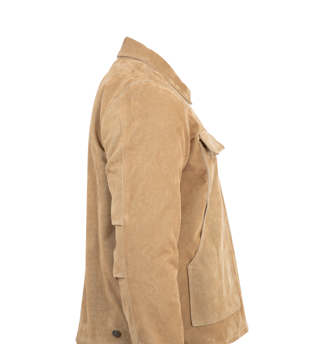 Image 3 of 3 - BROWN - COUT DE LA LIBERTE Carl Suede Denim Twill Patched Jacket featuring classic collar, zip front closure, button cuffs and 4 front pockets. Made in USA.