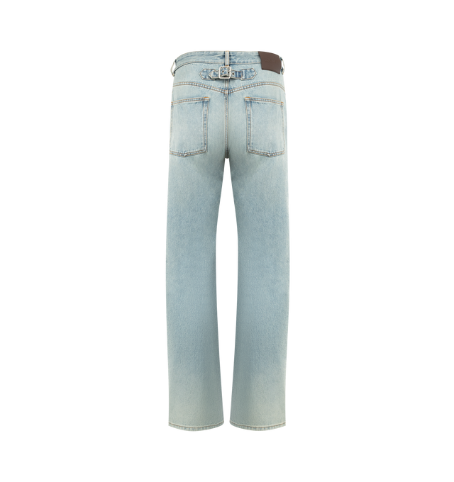 Image 2 of 3 - BLUE - LOEWE Jeans in medium-weight washed cotton denim featuring a cinch back, relaxed fit, regular length, mid waist, straight leg, concealed button fly, five pocket style and LOEWE embossed leather patch placed at the back. Cotton. Made in Italy.
