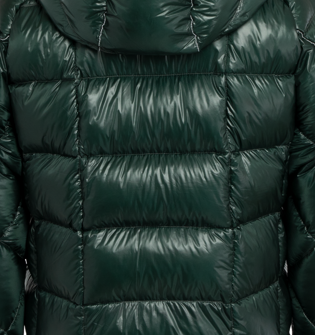 Image 4 of 4 - GREEN - AND WANDER Diamond Stitch Down Hoodie crafted from lightweight and durable PERTEX nylon with a soft sheen, with goose down fill. Medium weight outerwear piece featuring a diamond front body with horizontal quilted arms, zipper hand pockets, adjustable hem and hood cinches, reflective details throughout, and a fleece neck facing for comfort. 100% nylon / 90% down, 10% feather. Made in Japan. 