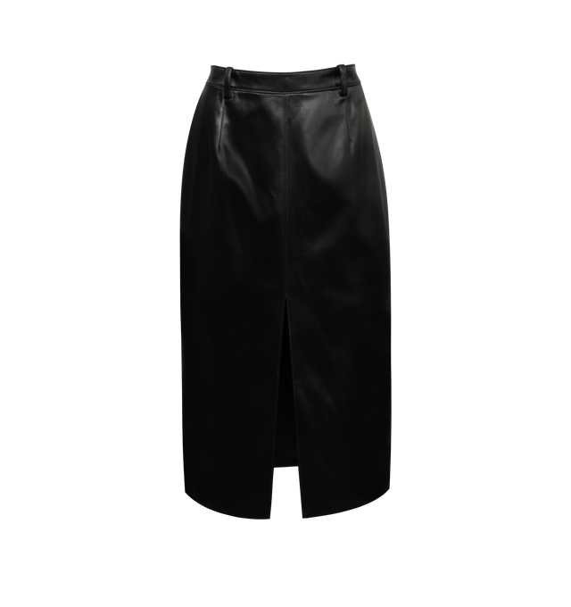 Image 1 of 3 - BLACK - SAINT LAURENT Midi Pencil Skirt featuring front slit, side pockets, back pockets, waistband with belt loops, and silk and elastane lining. 53% cotton, 47% acetate. 