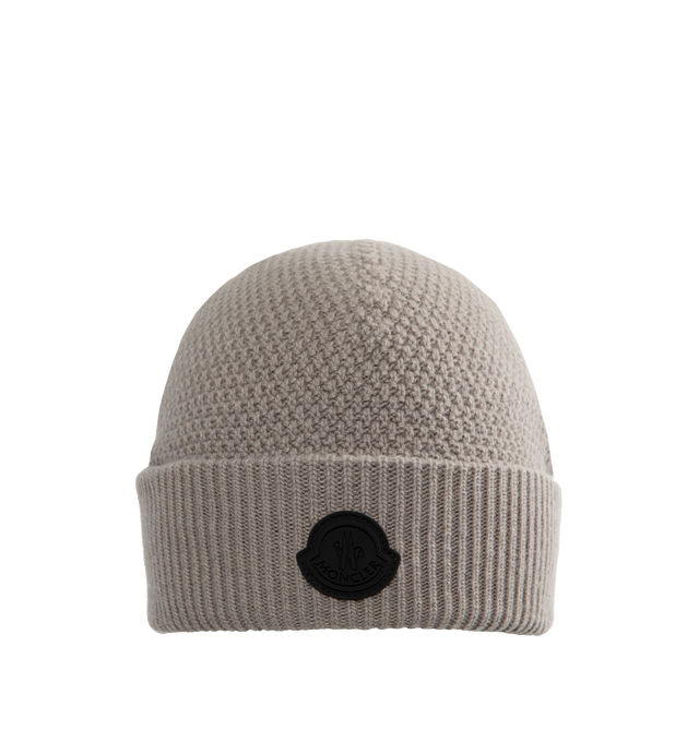 Image 1 of 2 - GREY - MONCLER Beanie featuring fold over brim with ribbed stitching and embossed silicone logo patch.