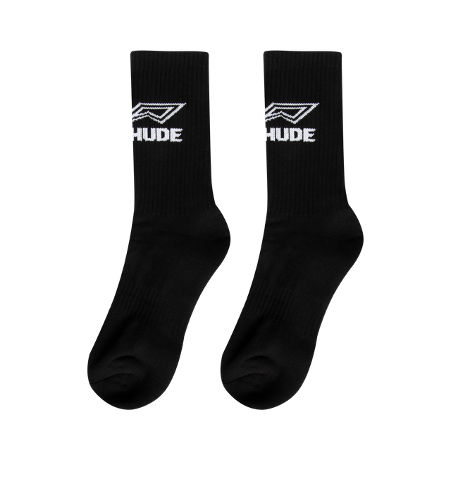 Image 2 of 3 - BLACK - RHUDE Footy Logo Sock featuring Rhude logo and ribbed knit. 80% cotton, 12% polyester, 8% spandex.