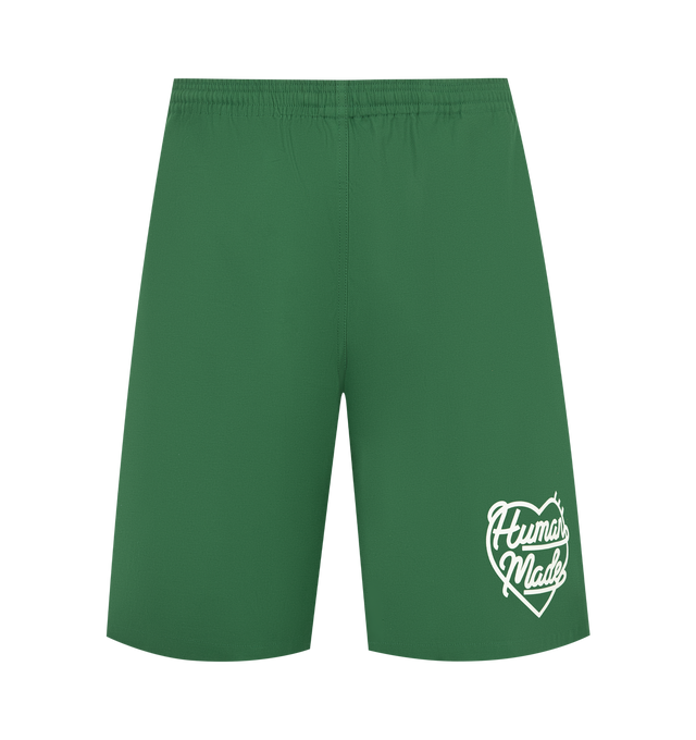 Image 1 of 3 - GREEN - HUMAN MADE Beach Shorts featuring shiny, firm cotton twill fabric, iconic heart logo on the front left hem, pockets on both sides and the right hip and waist cord with the brand logo. 100% cotton.