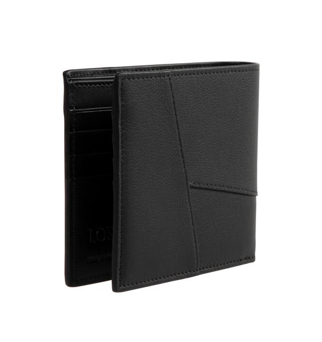 Image 2 of 3 - BLACK - Loewe Men's Puzzle bifold wallet in classic calfskin leather inspired by the Puzzle bag's distinctive geometric pattern. Features eight card slots, two large note pockets, two flat pockets, calfskin lining and embossed Anagram. Made in Spain. Height 9.9cm X Width 11cm X Depth 1.8cm.