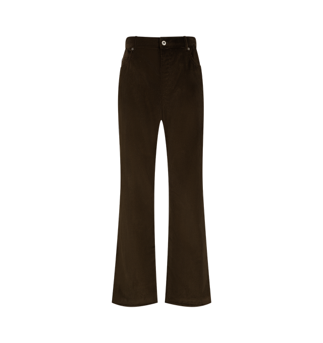 Image 1 of 3 - BROWN - Loewe Women's Trousers in Cotton Corduroy are crafted from medium-weight cotton corduroy and feature a regular fit with a regular length, mid waist, and straight-leg silhouette. Designed in a classic five-pocket style, they are finished with a button front fastening, concealed zip fly, and a debossed leather and suede 'LOEWE' patch at the back. Main Material: 100% Cotton. Made in Italy.