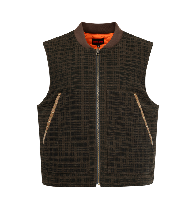 Image 1 of 2 - BROWN - PLEASURES Horns Denim Vest featuring a zip up closure, band collar, sleeveless design, and a plaid pattern. 95% cotton, 5% polyester plaid. Lining: 100% polyester.
