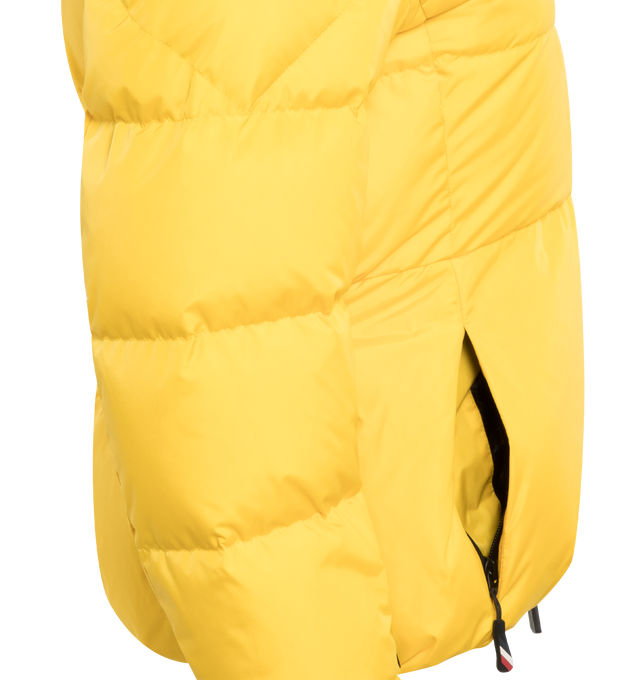 Image 3 of 3 - YELLOW - MONCLER GRENOBLE BOUQUETIN JACKET featuring micro ripstop lining, down-filled, adjustable hood, water-repellent look two-way zipper closure, water-repellent look zipped outer pockets, water-repellent look zipped inner media pocket, zipped ski pass pocket, detachable and adjustable belt with pouch and a glove carabiner, powder skirt, elastic waistband, jersey wrist gaiters, tricolor silicone detailing, bonded logo outline and logo details. 87% polyamide/nylon, 13% elastane/spandex. Pa 