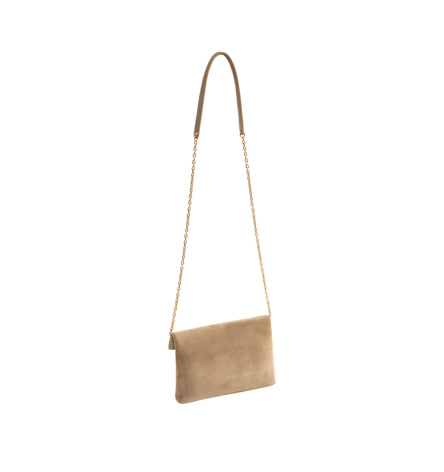 Image 2 of 3 - NEUTRAL - Saint Laurent Womens Chain Pouch is crafted from suede calfskin. Features signature Cassandre logo, magnetic closure, stowable cable-chain shoulder strap, leather lining, one interior card slot, bronze-tone hardware, and dimensions: 19 13 4.5 cm (7.5 5.1 1.8 in) with a 47 cm (18.5 in) strap drop. Main Material: Calfskin Leather; Lining: Leather; Hardware: Brass. Made in Italy.