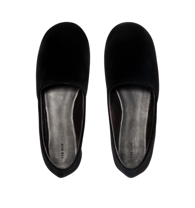 Image 4 of 4 - BLACK - THE ROW Ponti Slipper featuring minimal slip-on shoe in plush velvet with round toe, leather lining and flexible leather sole. 100% cotton. Made in Italy.