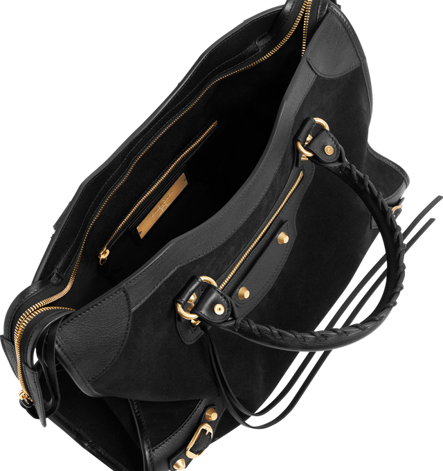 Image 4 of 4 - BLACK - BALENCIAGA Le City Bag Medium featuring suede calfskin and smooth calfskin, two hand-braided handles with waxed cord, removable and adjustable strap with shoulder pad, aged-gold hardware, double-sided zip with long tails and knotted leather puller, rront zipped pocket with knotted leather puller, 1 inner zipped pocket, 1 removable mirror, tone-on-tone Balenciaga logo debossed on mirror and cotton canvas lining. Calfskin, cotton, plexiglass. Made in Italy.