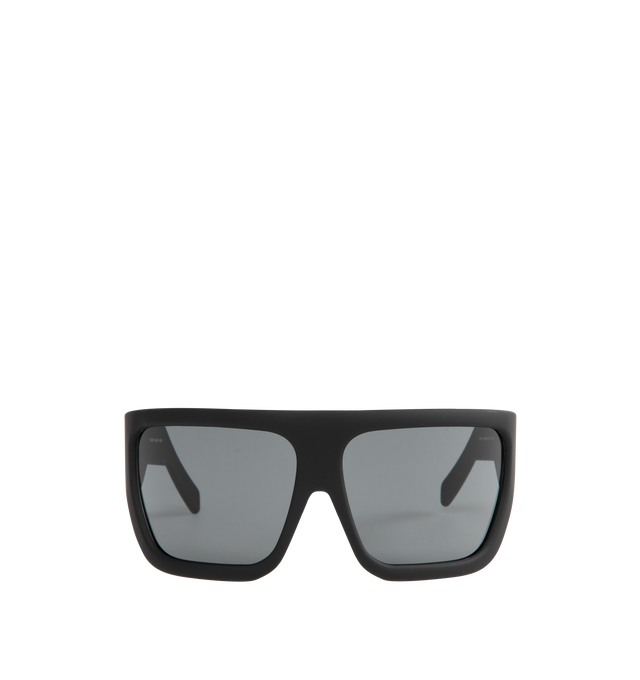 Image 1 of 3 - BLACK - RICK OWENS Davis Sunglasses featuring large wrap around frames with geometric curved lenses, thing angles arms and logo on the inside right. Frame: 100% grilamid. Lenses: 100% nylon. 100% UVA/UVB protection.
