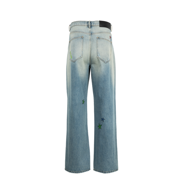 Image 4 of 5 - BLUE - NAHMIAS Bandaid Baggy Jeans featuring five pocket styling, baggy fit, embroidery throughout, distressing and hole in the knee. 100% cotton.