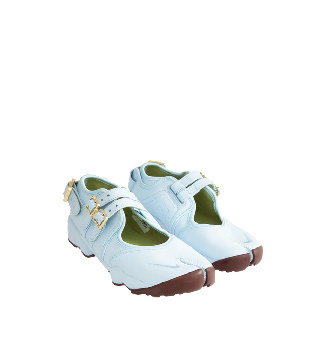 Image 2 of 5 - BLUE - Nike Women's Air Rift Shoes feature the iconic split-toe silhouette inspired by barefoot running and designed for effortless everyday comfort. Crafted with a genuine leather upper that softens and develops character over time, this distinctive style is equipped with adjustable buckle straps for a secure fit and a Nike Air unit in the heel paired with a plush foam midsole for lightweight cushioning. Finished with rugged rubber outsole detailing for enhanced traction and durability. Main