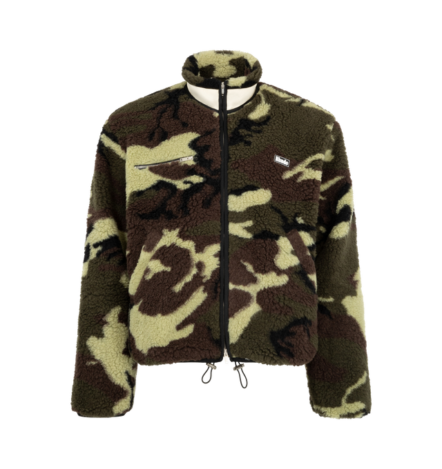 Image 1 of 3 - GREEN - Rhude Men's Parilla Camouflage Wool-Blend Fleece Jacket is crafted from camouflage-patterned wool-blend fleece and features a stand collar with a zip-front silhouette. Designed with a logo motif at the front and back, a chest zip pocket, welt pockets, elasticized cuffs, and an adjustable drawstring hem for a functional yet elevated finish. Main Material: 74% Wool, 26% Polyester. Lining: 100% Polyester.