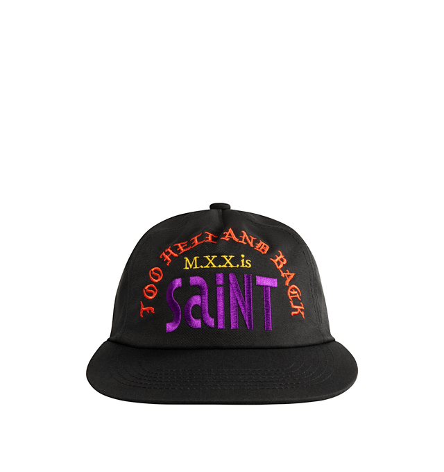 Image 1 of 2 - BLACK - SAINT MICHAEL Sinner Shine Cap featuring embroidered design on front, flat brim and adjustable snap back. Cotton.