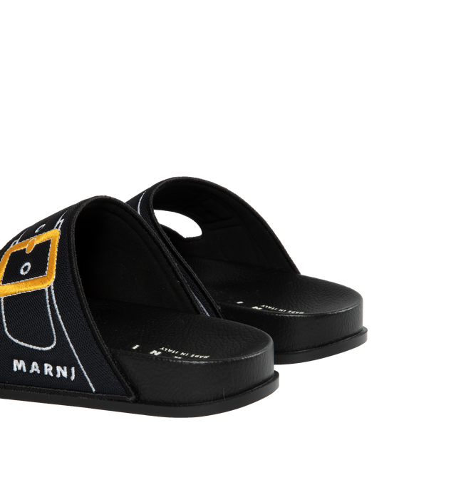 Image 3 of 4 - BLACK - MARNI Trompe L'Oeil Slider featuring padded fabric slider with trompe l'oeil embroidered buckle detailing, embellished with Marni lettering on the side and moulded footbed and rubber sole. 62% polyester, 26% polyamide/nylon, 12% elastane/spandex. Sole: 100% rubber. 