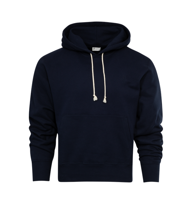 Image 1 of 2 - NAVY - SAINT LAURENT Cassandre Hoodie featuring kangaroo pocket, tonal cassandre on the chest, adjustable drawstring hood and ribbed trims. 100% cotton. Made in Italy.  