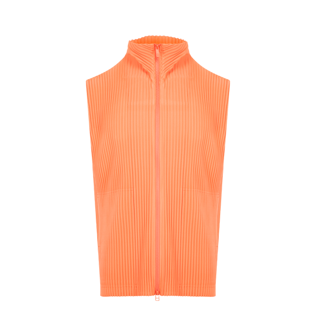 Image 1 of 2 - ORANGE - ISSEY MIYAKE Vest featuring portability and lightweight comfort, quick-drying properties, zip closure, sleeveless, pleated throughout and pockets on both sides. 100% polyester. Made in Japan.