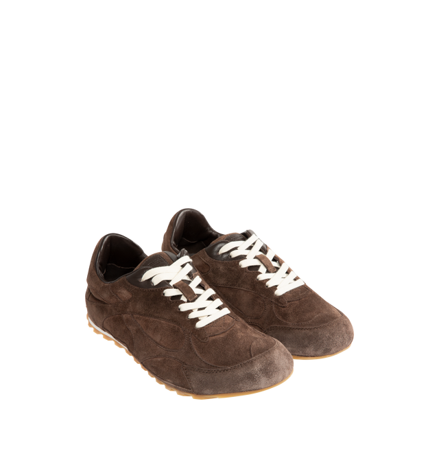 Image 2 of 5 - BROWN - BOTTEGA VENETA Orbit Flash Sneaker featuring low-top, lace-up closure, soft suede upper and rubber sole. Calfskin. Lining: lambskin. Made in Italy.