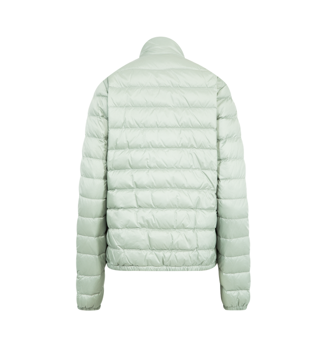 Image 2 of 3 - GREEN - MONCLER Lans Short Down Jacket featuring tech fabric with down fill, standup collar featuring snap buttons, zip-up closure, flap pockets and logo patch at sleeve. 100% polyamide/nylon. Padding: 90% down, 10% feather. Made in Armenia.