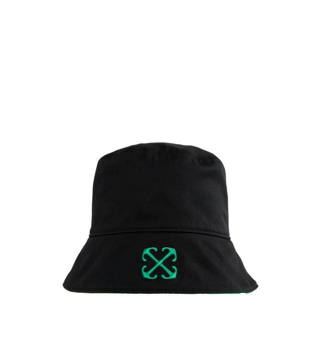 Image 3 of 3 - MULTI - OFF-WHITE REVERSIBLE ARROW BUCKET HAT is a reversible bucket hat in cotton, flat crown, arrow logo motif and downturned brim. The hat is green on one side with the Off White arrow logo in white and black on the reversible side with a green Off White arrow logo. 100% polyamide. 