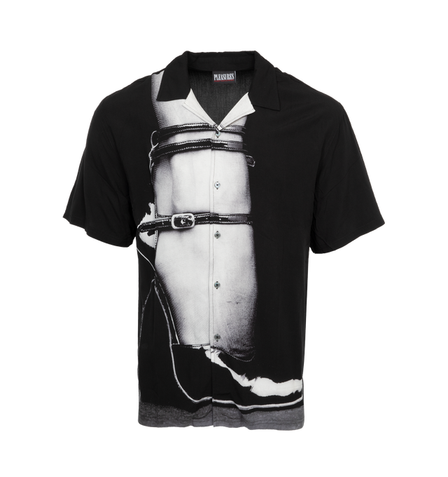Image 1 of 3 - BLACK - PLEASURES HEEL BUTTON DOWN featuring regular-fit, short sleeves, camp collar,  graphic photographic print throughout and button closures at front. 100% rayon. 