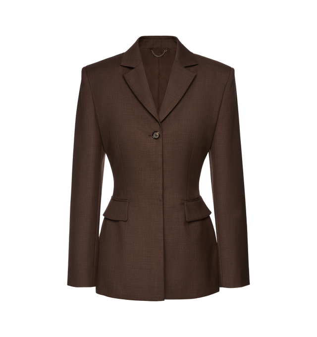 Image 1 of 2 - BROWN - MAGDA BUTRYM Wool Hourglass Blazer featuring an oversized hourglass blazer with boxy shoulders, an adjustable cinched waist and a single-button closure up top. 98% wool, 2% elastane. Lining: 100% silk.