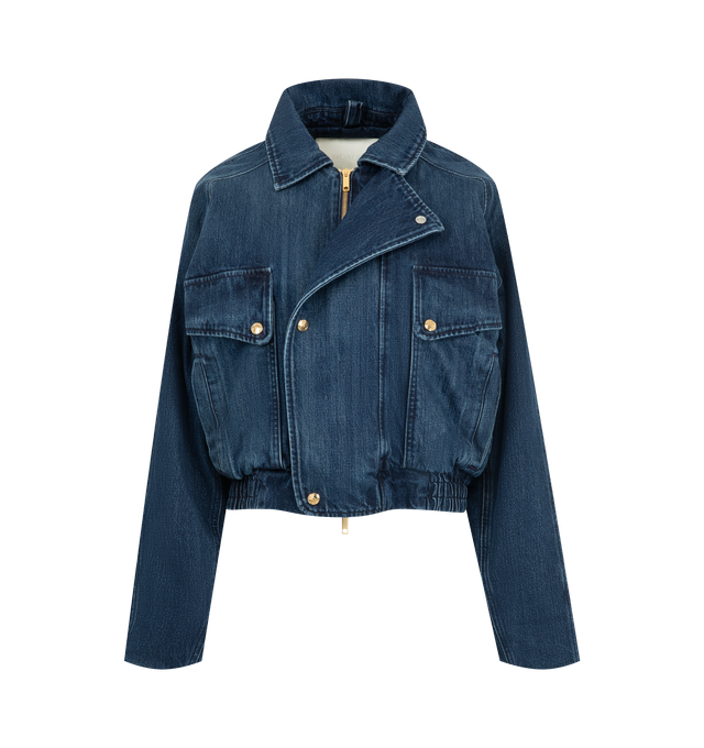 Image 2 of 4 - BLUE - Radh Women's The Ghillie Jacket is crafted from a regenerative cotton-blend denim fabric and features a structured jacket silhouette with a balance of utility and refined tailoring. Designed to layer comfortably over lightweight and heavier knits, this designer jacket offers a clean-lined shape with functional pockets and a textured finish that enhances its versatile appeal. Main Material: Regenerative Cotton Blend.