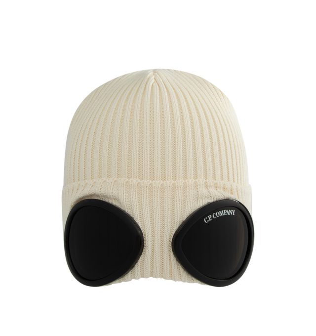 Image 1 of 2 - WHITE - C.P. COMPANY Goggle Beanie featuring rib knit, extrafine merino wool and acetate lenses at rolled brim. 100% extrafine merino wool. Made in Italy. 