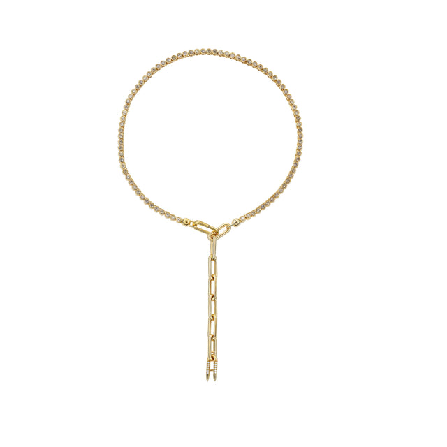 Image 1 of 1 - GOLD - Uniform Object Solid 14" 18K gold bezel set brilliant tennis necklace + 4" of heavy metal chain extender. Comes with a removable spring clasp + signature diamond encrusted spur. Crafted from 37G of 18K solid yellow gold with 8.7 TCW of 3MM round diamonds. Handmade in New York City. Hirshleifers offers a range of pieces from this collection in-store. For personal consultation and detailed information about jewelry, please contact our dedicated stylist team at personalshopping@hirshle