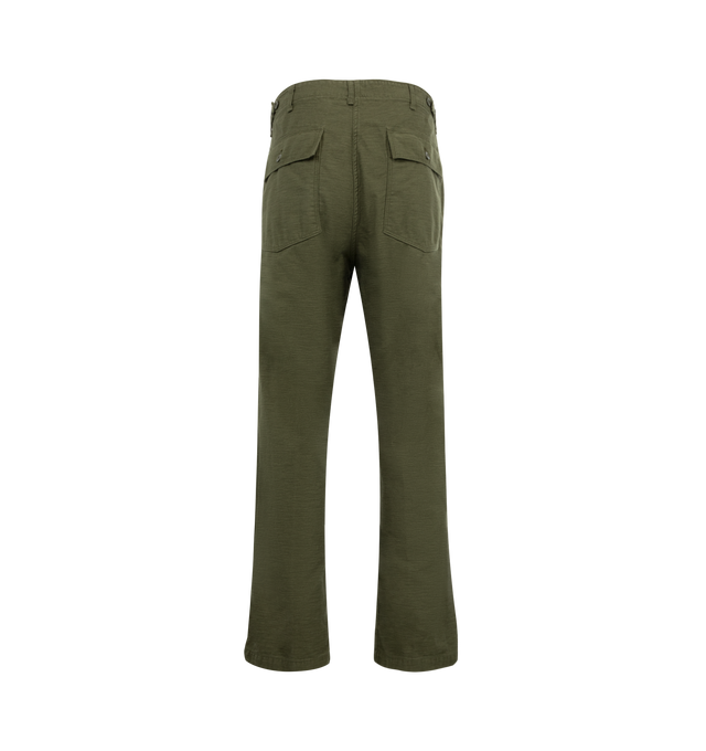 Image 2 of 3 - GREEN - ORSLOW Fatigue Pants featuring mid rise, side cinch waist, large front patch pockets and relaxed fit. 100% cotton. Made in Japan.