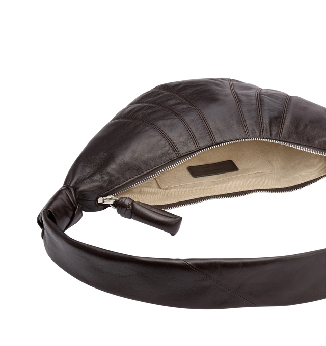 Image 2 of 2 - BROWN - LEMAIRE Small Croissant Bag featuring side knot finishings, embossed logo inside, lining in cotton canvas, metal looped zip puller, small interior patch pocket and main compartment. 14 in x 6 in x 2 in. 100% lamb. Made in Spain.