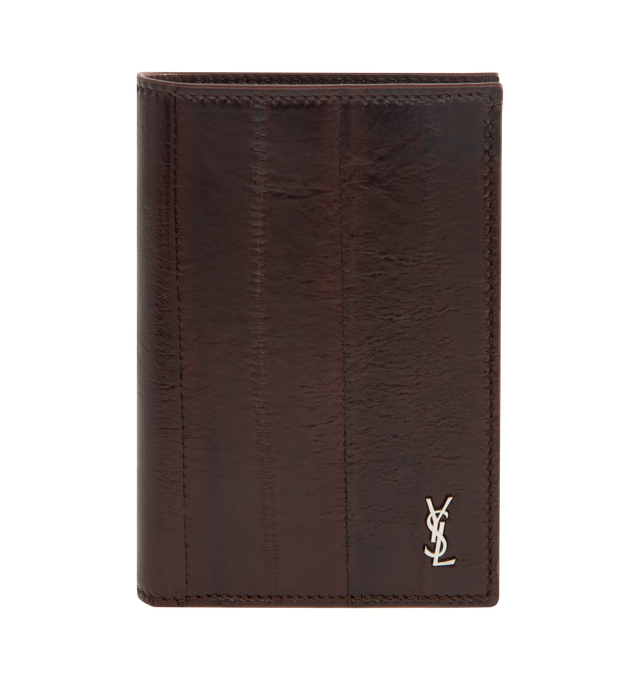 Image 1 of 3 - BROWN - SAINT LAURENT Credit Card Wallet featuring single-fold wallet decorated with logo, silver-tone hardware, five card slots and one bill compartment. 3.5" x 4.5" x 0.8". Calfskin. Made in Italy.