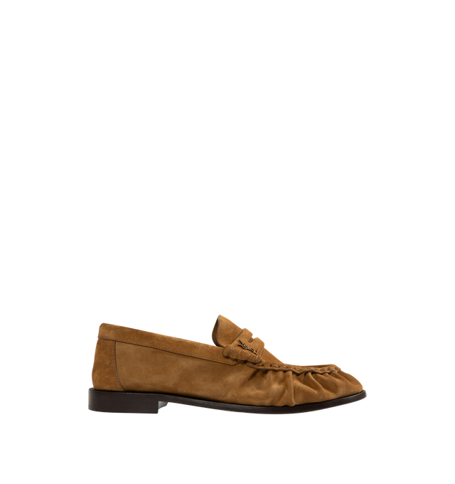 Image 1 of 4 - BROWN - SAINT LAURENT Le Loafer in suede decorated with the cassandre featuring a hand-stitched moc toe and leather sole. Calfskin. Made in Italy.