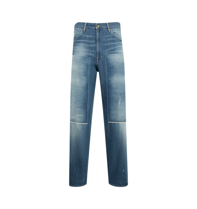 Image 1 of 3 - BLUE - VISVIM Social Sculpture Carpenter Pants DMGD featuring 9oz denim, wide fit, straight leg, high rise and zipper fly. 100% cotton. Made in Japan.