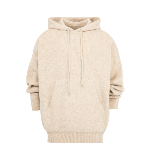 Image 1 of 2 - CHAMPAGNE - RICK OWENS Hun Hoodie featuring ribbed-knit virgin wool, kangaroo pocket and drawstring hood. 100% virgin wool. Made in Italy.