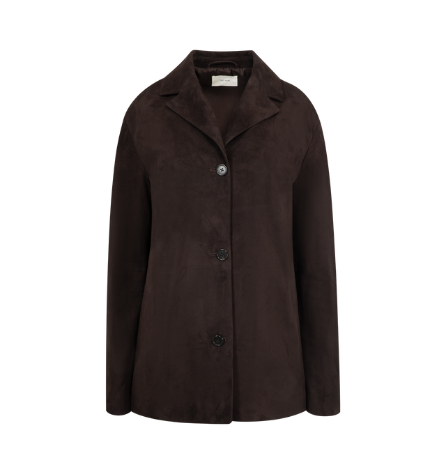 Image 1 of 3 - BROWN - THE ROW Fabian Jacket featuring minimal single-breasted jacket in soft, lightweight suede with notch lapel, side seam pockets and horn button closure. 100% sheepskin suede. Lined in 100% silk. Made in Italy.