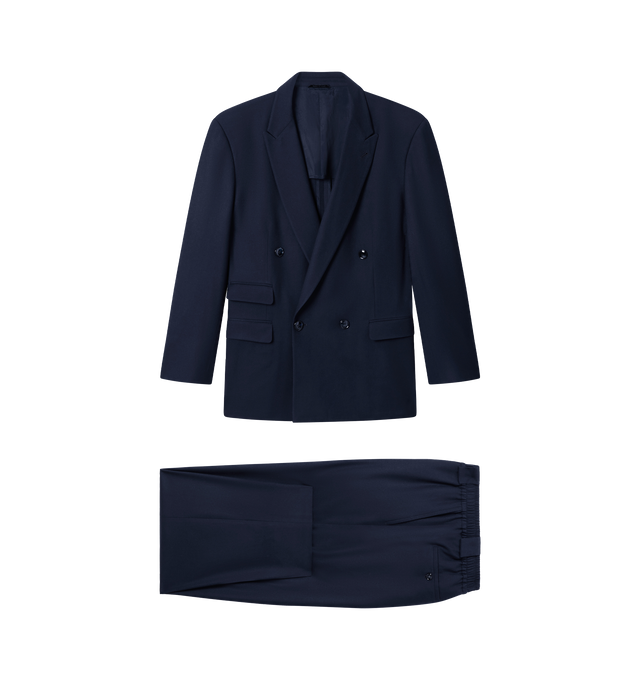 Image 1 of 1 - NAVY - Giorgio Armani Men's Virgin Wool Double-Breasted Suit Set is crafted from premium virgin wool. The double-breasted jacket is finished with a smooth cupro-blend lining for enhanced ease of wear, while the coordinating trousers complete the polished, tailored look. Materials: Jacket Fabric: 100% Virgin Wool; Jacket Lining: 94% Cupro, 6% Elastane; Trousers Fabric: 100% Virgin Wool.