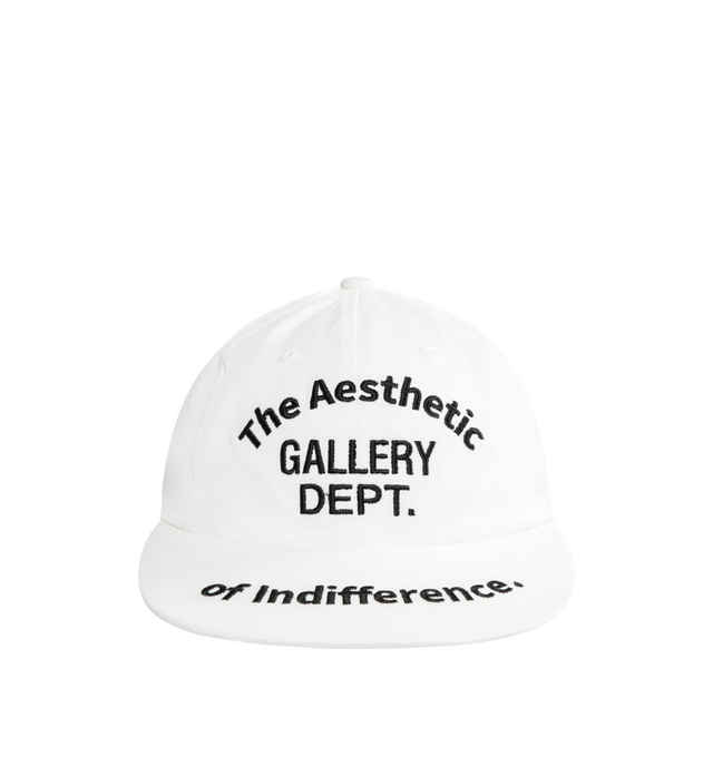 Image 1 of 2 - WHITE - GALLERY DEPT. The Aesthetic of Indifference Cap featuring classic 6-panel dad hat, flat bill with adjustable snap closure, embroidered 'Aesthetic of Indifference' typography and GD ENGLISH logotype. 100% cotton. Made in USA.