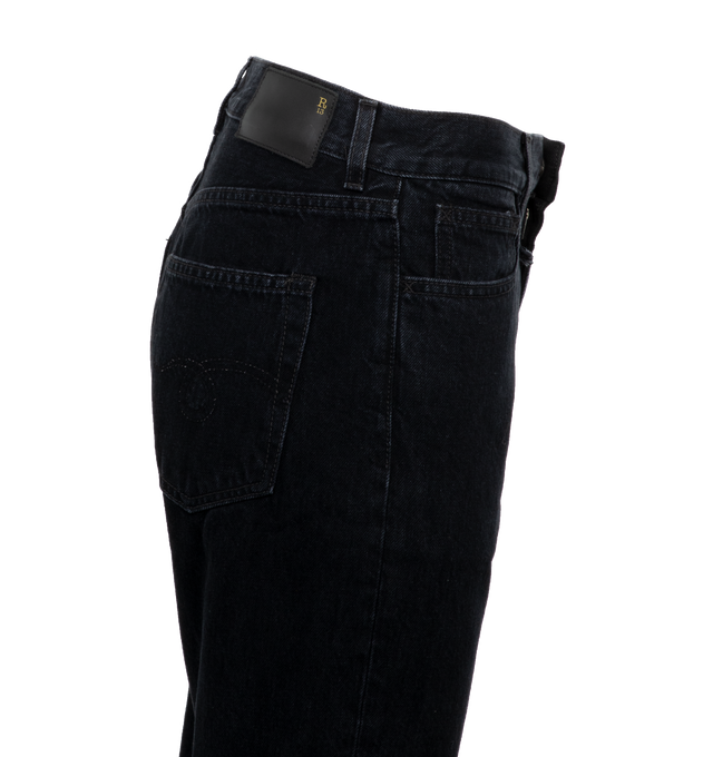 Image 2 of 3 - BLACK - R13 Romeo Cuff Jeans featuring belt loops, five-pocket styling, zip-fly, creased legs, rolled cuffs and logo patch at back waistband. 100% cotton. Made in Italy. 