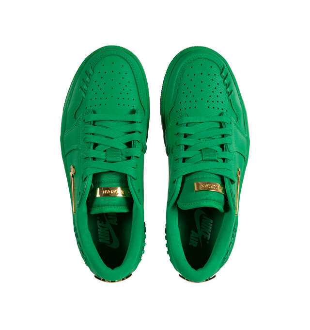 Image 5 of 5 - GREEN - Air Jordan 1 Low  from the Method of Make series in "Lucky Green" tonal design, color-matched throughout, from the tongue to the laces to the outsole. Oversized leather stitch detailing and super-clean metallic accents add a textural touch. Nike Air in the heel provides lightweight, resilient cushioning. Solid-rubber outsoles give you ample everyday traction. Leather in the upper offers durability and structure. Features iconic Wings logo on heel, stitched Swoosh logo with classic l 