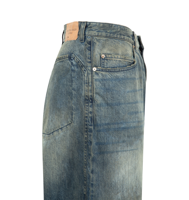 Image 4 of 4 - GREY - BALENCIAGA Minimal Baggy Pants featuring cotton denim, washed and worn-out effect, mid-waist, covered zip fly, 5 belt loops, 3 front pockets, 2 back yokes with inside pockets, Balenciaga engraved flex button, Balenciaga Jeans patch at back and gothic denim artwork patch on left leg. 100% cotton. Made in Italy.