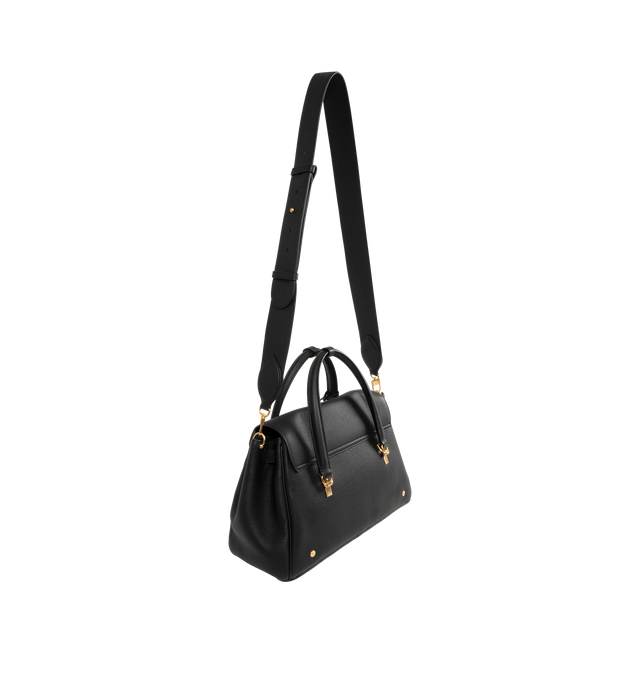 Image 2 of 4 - BLACK - THOM BROWNE Bolton Bag featuring padlock flap closure, top handles, key bell with RWB grosgrain trim, detachable adjustable leather shoulder strap, detachable RWB ribbon-woven chain strap, RWB stripe on front and back, adjustable side gussets with belt and stud details, interior zip pocket, slip pocket, and two smaller slip pockets, tricolor lining and signature striped grosgrain loop tab. L 33 x W 15 x H 35 cm. 100% calf full grain leather. Lining: 100% polyester. Made in Italy.