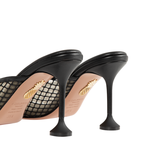 Image 3 of 4 - BLACK - AQUAZZURA Bisous Mesh Mule Pump 85 featuring mesh overlay, pointed-toe shape, fluted 85 mm heels, slip-on, padded leather insole and signature logo detailing. Made in Italy.