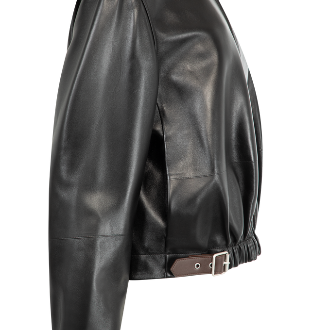 Image 3 of 3 - BLACK - Loewe Women's Jacket in lightweight nappa plong lambskin featuring a gathered front with a contrast leather belt detail. Regular fit, regular length featuring classic collar, zip front fastening, zipped cuffs, seam pockets, inside welt pocket, fully lined with LOEWE embossed leather patch placed at the back. Nappa Leather. Made in Italy.