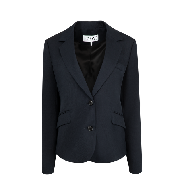 Image 1 of 2 - NAVY - Loewe Women's Jacket in lightweight fluid wool tailoring featuring a single-breasted construction and a gathered back with a leather belt detail. Regular fit, regular length, notch lapel, button front fastening, split cuffs, chest welt pocket, flap pockets, fully lined. Wool. Made in Italy.