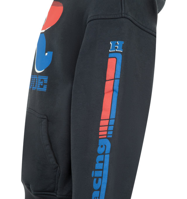 Image 3 of 3 - MULTI - RHUDE Split Petrol Logo Hoodie featuring front and sleeve logo detail, attached hood, front kangaroo pocket, ribbed trim and fleece lining. 100% cotton. Made in USA.