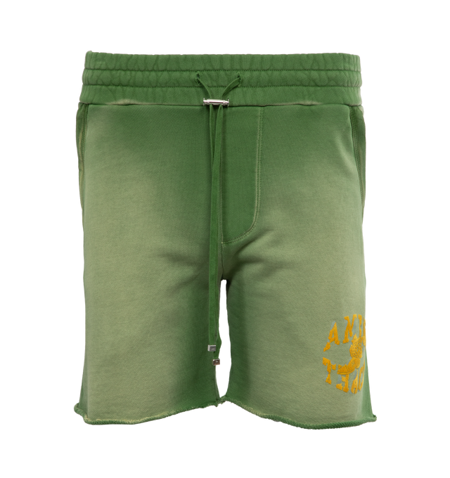 Image 1 of 4 - GREEN - AMIRI Track Shorts featuring logo at the back, logo at the back label, front logo, knee length, side pockets, back patch pocket, elasticated drawstring waist. 100% cotton.  