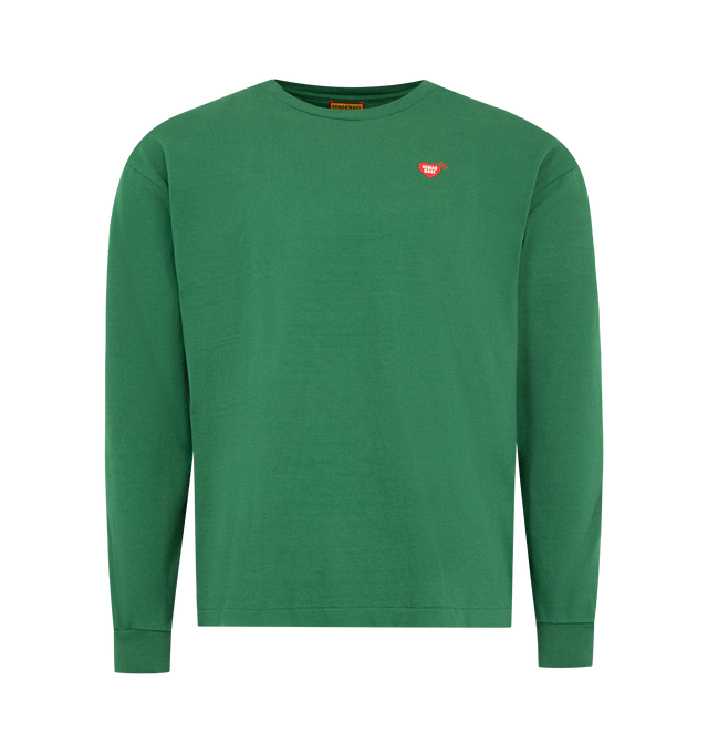 Image 1 of 2 - GREEN - HUMAN MADE Graphic Shirt featuring long sleeves, a boxy silhouette, Heart logo patch on the left chest and printed graphics on the back. 100% cotton.